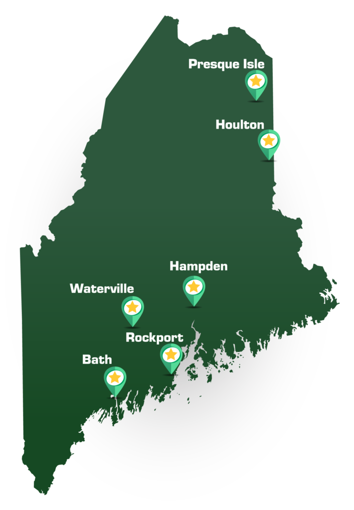 state of Maine graphic with star tabs at each branch location